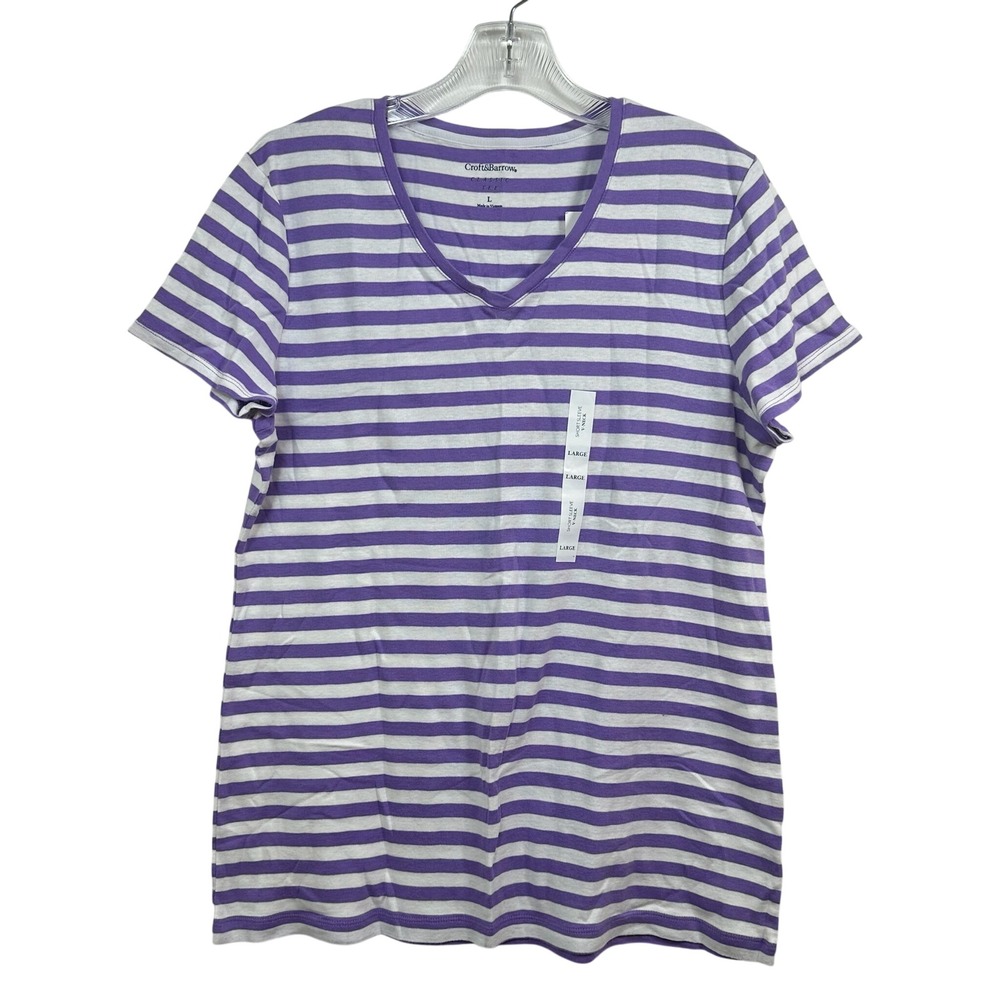 Croft & Barrow Womens Purple White Striped V-Neck Cotton Classic Tee Large NWT